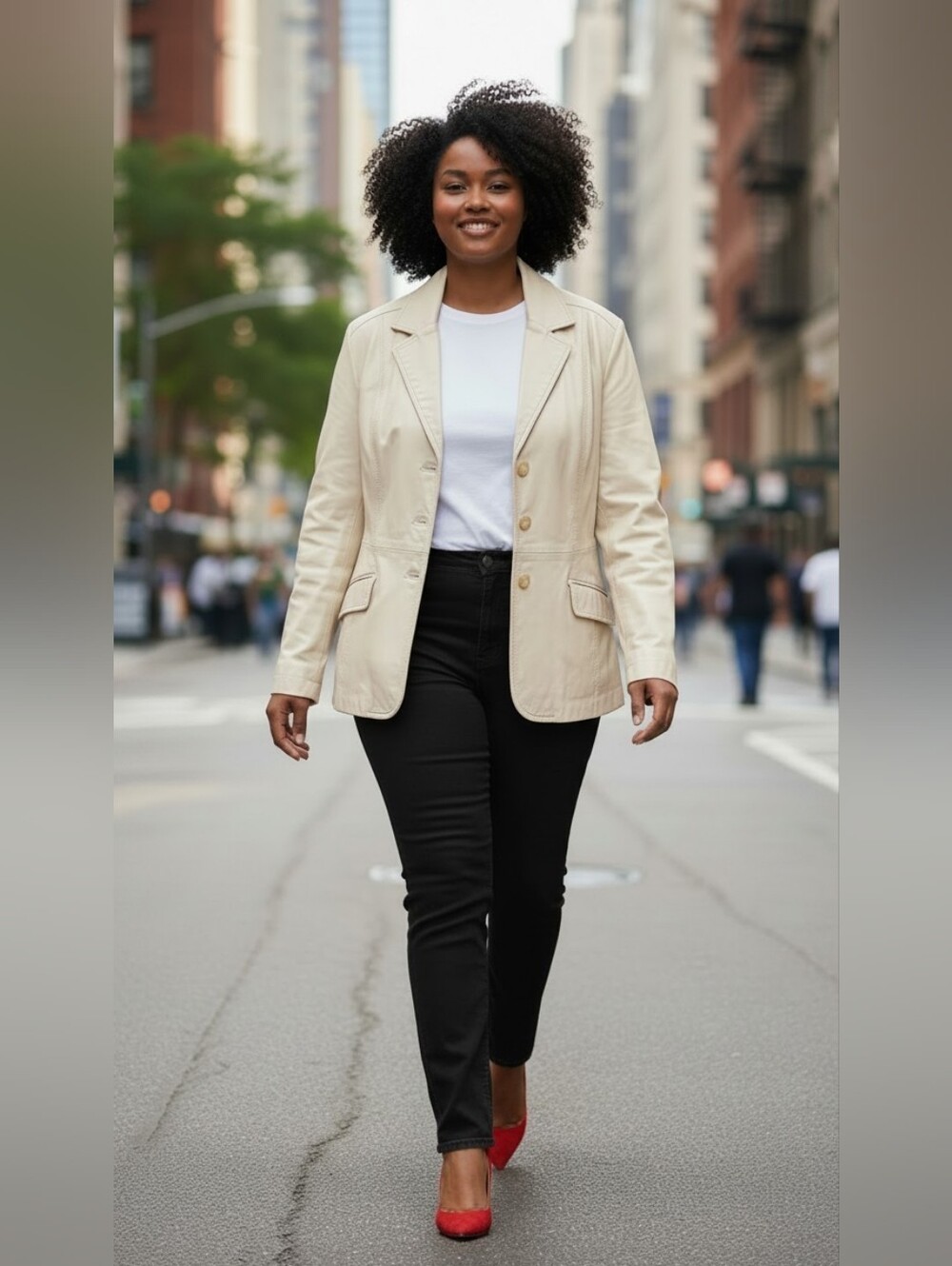 Terry Lewis Classic Luxuries Cream Single-Breasted Leather Blazer Size 3X